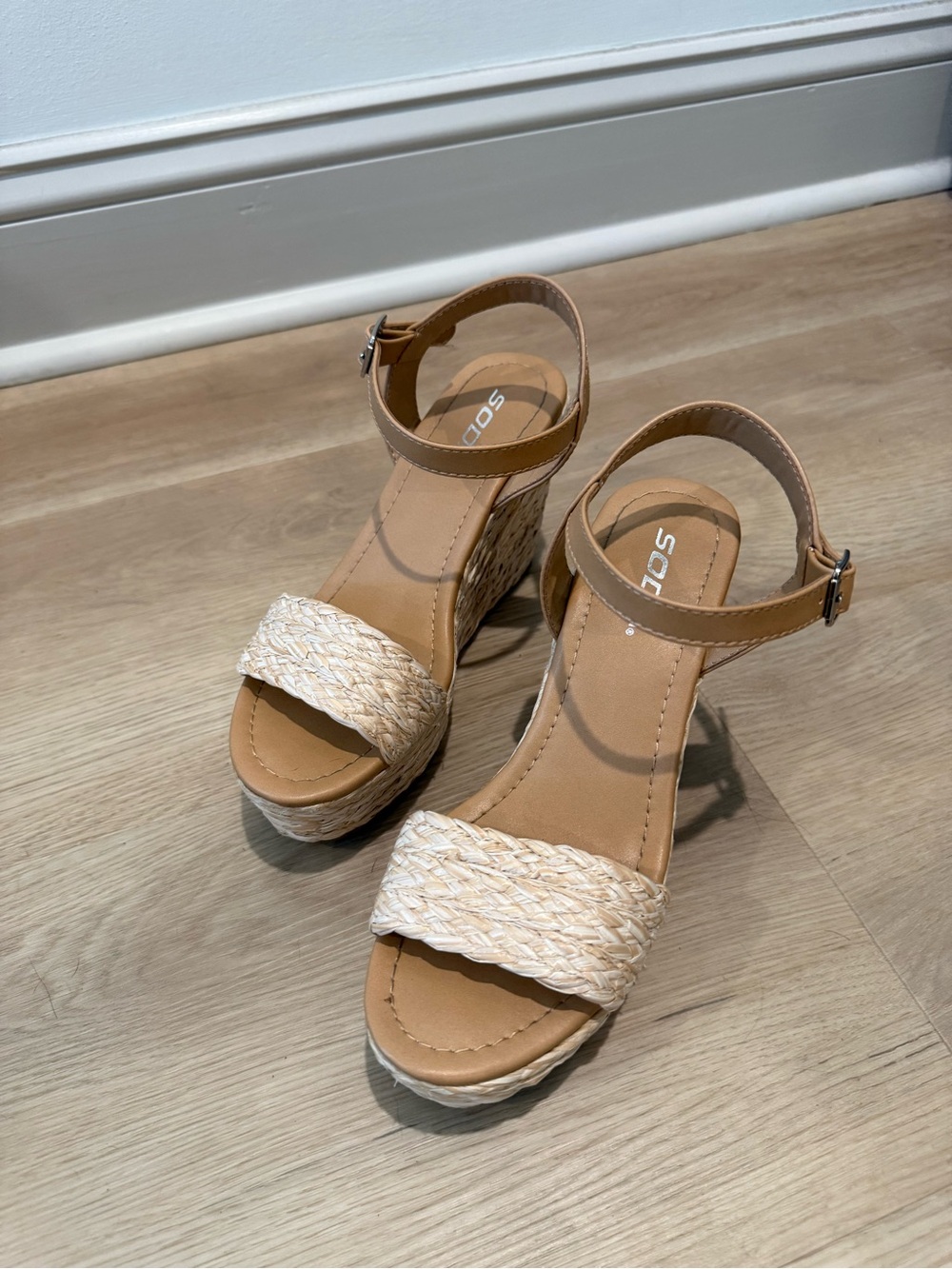 Soda Tan Wedge Sandals with Braided Cream Strap